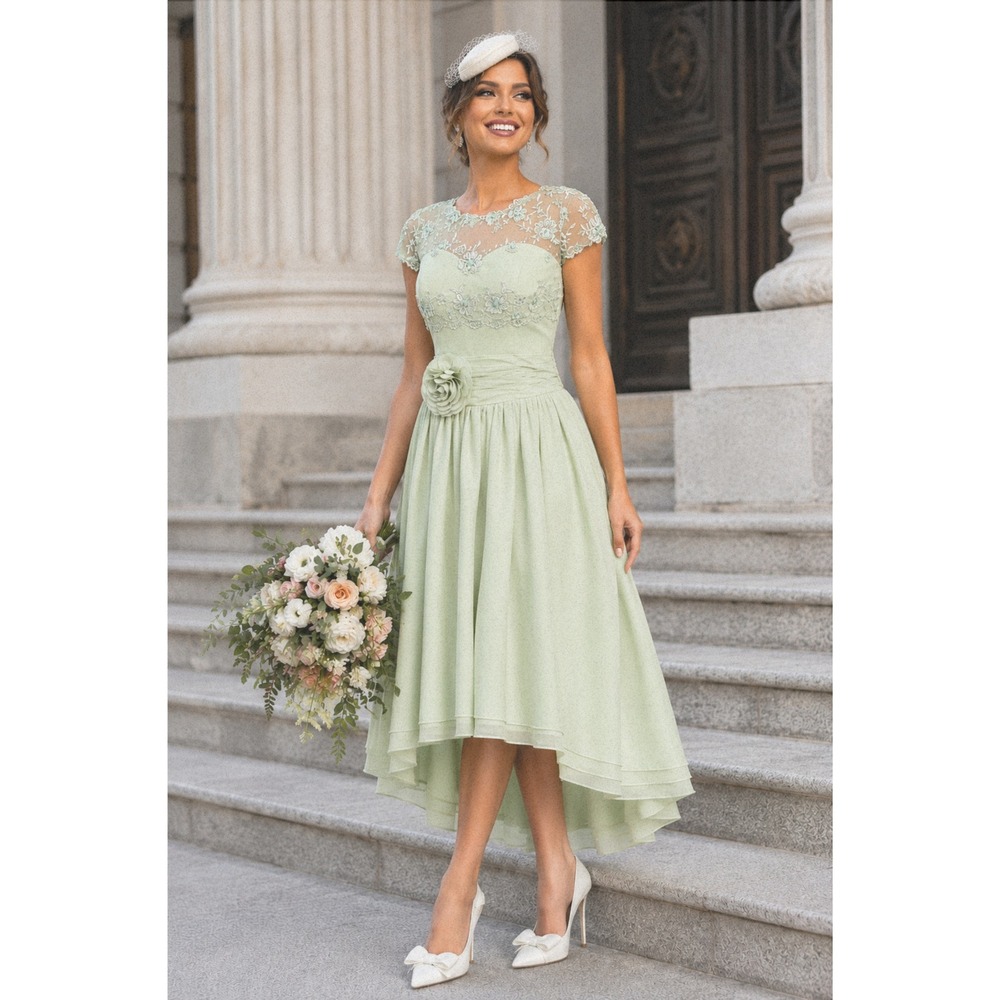 Sage Green 1950s Vintage Style Cocktail Dress Courthouse Wedding Chiffon Size M - Picture 7 of 16